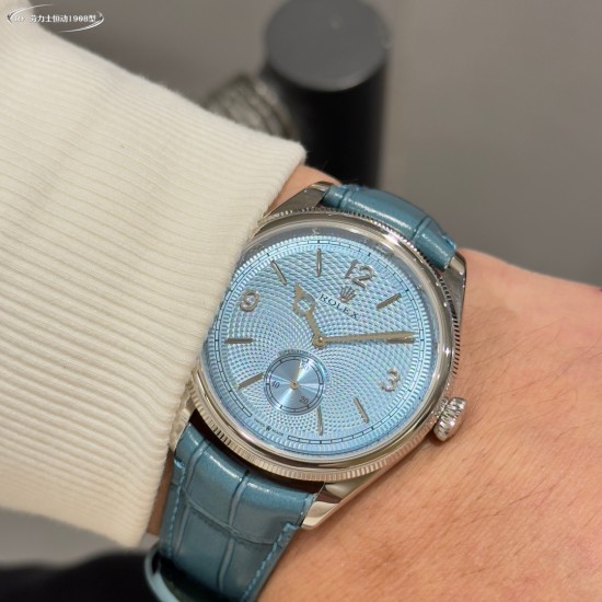 Rolex-1908 Platinum Ice  Blue Dial Alligator Strap Exact 1:1 Super Clone 7140 Swiss Movement Replica Watch Ref-52506