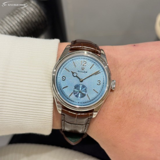 Rolex-1908 Platinum Ice  Blue Dial Alligator Strap Exact 1:1 Super Clone 7140 Swiss Movement Replica Watch Ref-52506