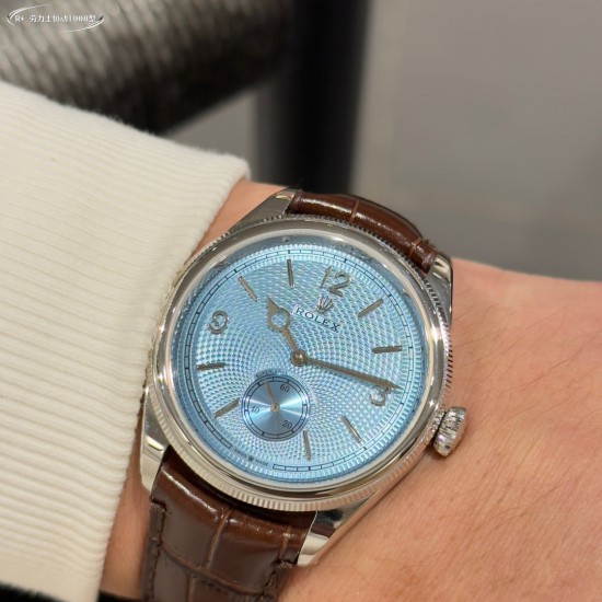 Rolex-1908 Platinum Ice  Blue Dial Alligator Strap Exact 1:1 Super Clone 7140 Swiss Movement Replica Watch Ref-52506