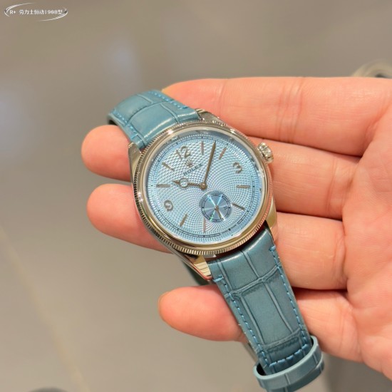 Rolex-1908 Platinum Ice  Blue Dial Alligator Strap Exact 1:1 Super Clone 7140 Swiss Movement Replica Watch Ref-52506