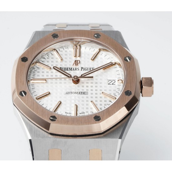Audemars Piguet-Royal Oak 15450SR 37mm Two Tone Midsize RG/SS White Dial  APS SA3210 Automatic