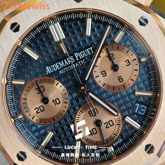[Customization] Audemars Piguet-Royal Oak Chrono 26239OR  41mm Real 18K Rose Gold With Customized Blue Dial Super 1:1 4401 Movement