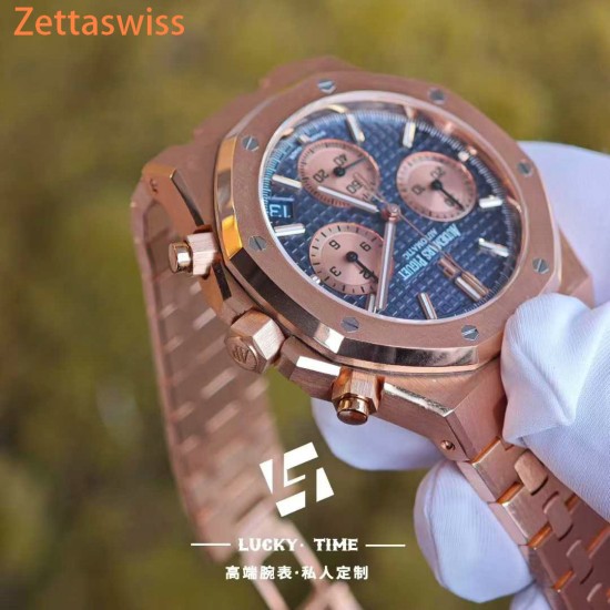 [Customization] Audemars Piguet-Royal Oak Chrono 26239OR  41mm Real 18K Rose Gold With Customized Blue Dial Super 1:1 4401 Movement
