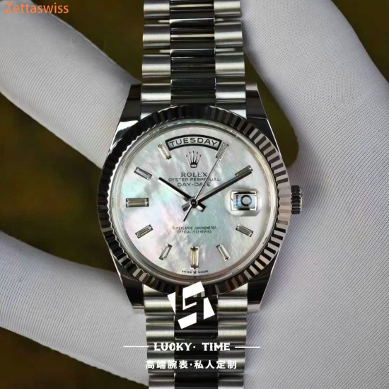 [Customization] Rolex-DayDate 228239 40mm White Mother-of-Pearl Dial Diamond Markers 18K Platinum Wrapped ETA2836 Movement