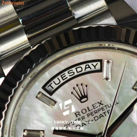 [Customization] Rolex-DayDate 228239 40mm White Mother-of-Pearl Dial Diamond Markers 18K Platinum Wrapped ETA2836 Movement