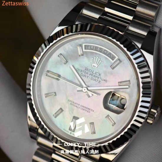 [Customization] Rolex-DayDate 228239 40mm White Mother-of-Pearl Dial Diamond Markers 18K Platinum Wrapped ETA2836 Movement