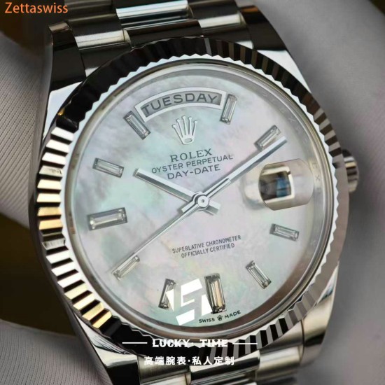 [Customization] Rolex-DayDate 228239 40mm White Mother-of-Pearl Dial Diamond Markers 18K Platinum Wrapped ETA2836 Movement