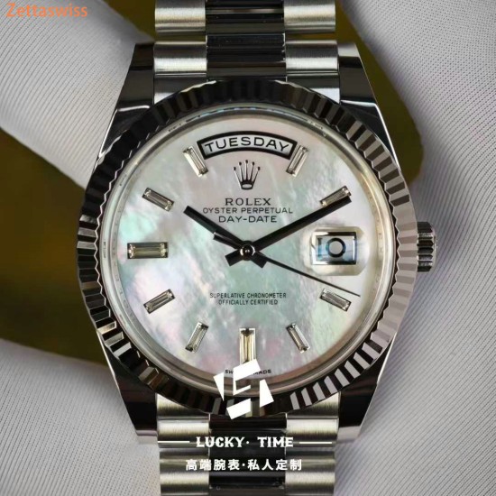 [Customization] Rolex-DayDate 228239 40mm White Mother-of-Pearl Dial Diamond Markers 18K Platinum Wrapped ETA2836 Movement