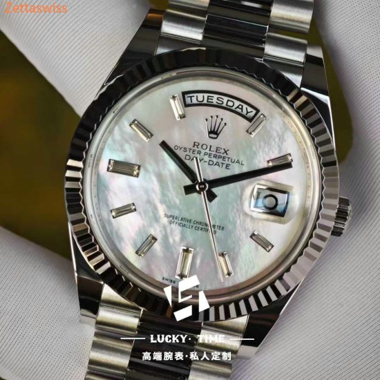 [Customization] Rolex-DayDate 228239 40mm White Mother-of-Pearl Dial Diamond Markers 18K Platinum Wrapped ETA2836 Movement