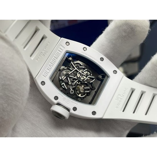 Richard Mille-RM055 43mm White Cer/RU Skeleton Dial ZF RMUL2 Super Clone(New Rubber Strap)