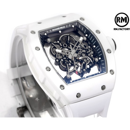 Richard Mille-RM055 43mm White Cer/RU Skeleton Black Rehaut on White Strap RMF RMUL2 Super Clone