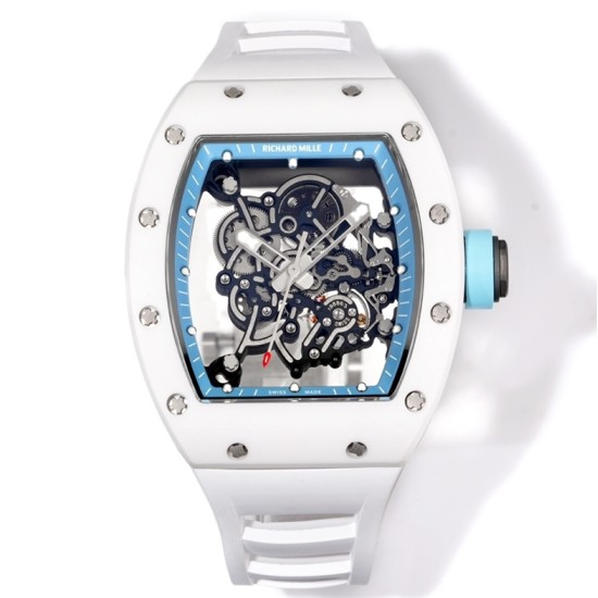 Richard Mille-RM055 43mm White Cer/RU Skeleton Bllue Rehaut on White Strap RMF RMUL2 Super Clone
