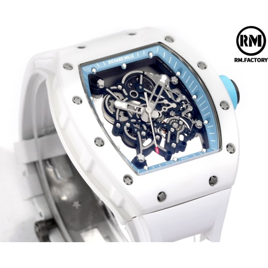Richard Mille-RM055 43mm White Cer/RU Skeleton Bllue Rehaut on White Strap RMF RMUL2 Super Clone