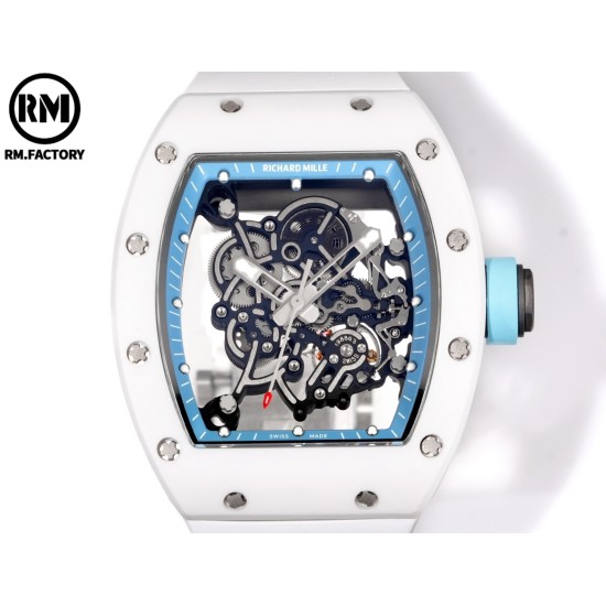 Richard Mille-RM055 43mm White Cer/RU Skeleton Bllue Rehaut on White Strap RMF RMUL2 Super Clone