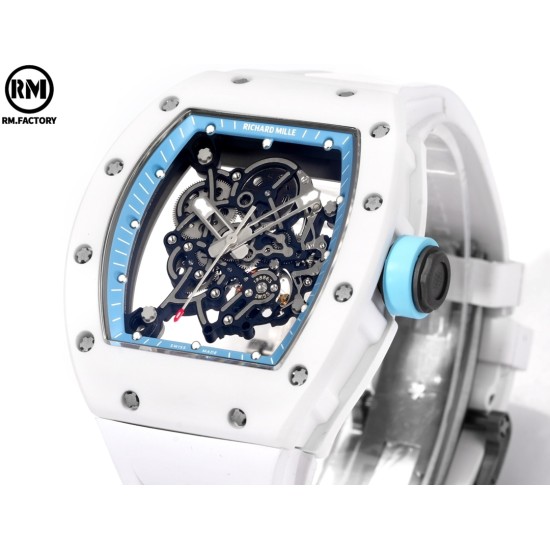 Richard Mille-RM055 43mm White Cer/RU Skeleton Bllue Rehaut on White Strap RMF RMUL2 Super Clone
