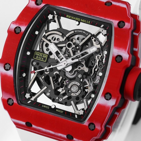 Richard Mille - RM35-02 RAFAEL NADAL 43mm NTPT Carbon Case Skeleton Dial With White Rubber Strap BBR  RMAL1 Clone Super