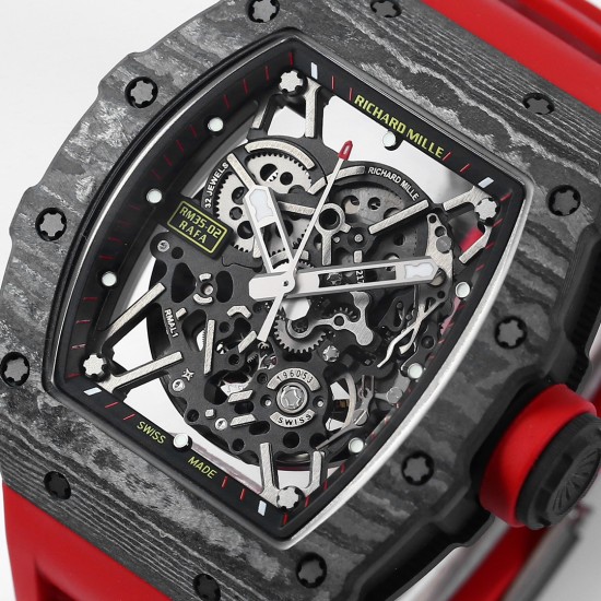 Richard Mille - RM35-02 RAFAEL NADAL 44.5mm NTPT Carbon Skeleton Dial on Red Strap BBR RMAL1 Super Clone