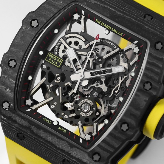 Richard Mille - RM35-02 RAFAEL NADAL 44.5mm NTPT Carbon Skeleton Dial on Yellow Strap BBR RMAL1 Super Clone