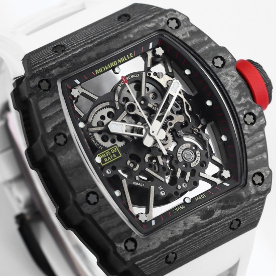 Richard Mille - RM35-02 RAFAEL NADAL 44.5mm NTPT Carbon Skeleton Dial on White Strap BBR RMAL1 Super Clone