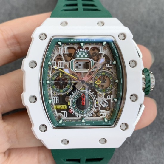 Richard Mille - RM11-03 44.5mm Auto Flyback Chrono White Ceramic Case Green Rubber Strap KVF A7750 Super Clone