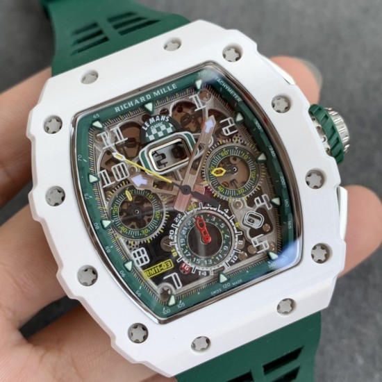 Richard Mille - RM11-03 44.5mm Auto Flyback Chrono White Ceramic Case Green Rubber Strap KVF A7750 Super Clone
