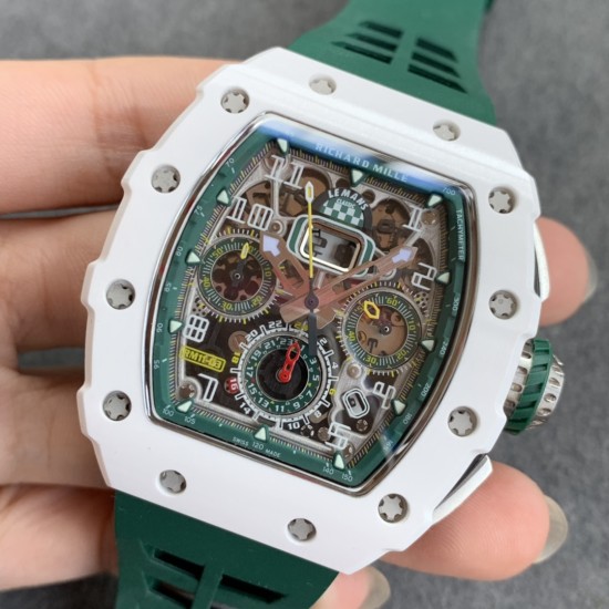 Richard Mille - RM11-03 44.5mm Auto Flyback Chrono White Ceramic Case Green Rubber Strap KVF A7750 Super Clone
