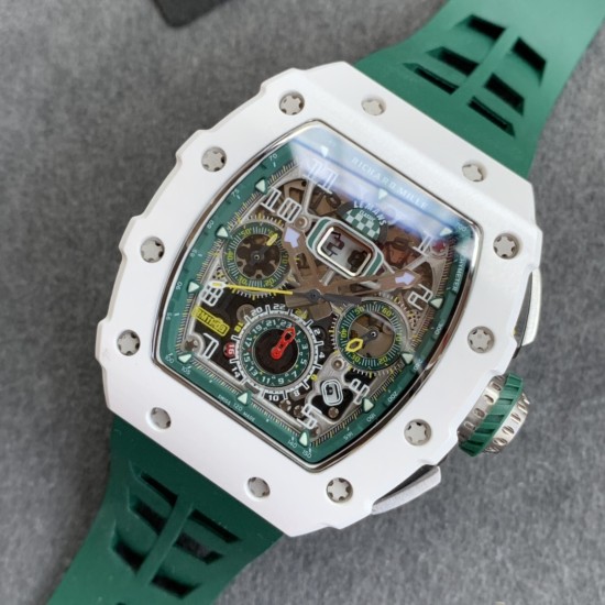 Richard Mille - RM11-03 44.5mm Auto Flyback Chrono White Ceramic Case Green Rubber Strap KVF A7750 Super Clone