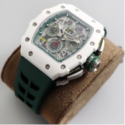 Richard Mille - RM11-03 44.5mm Auto Flyback Chrono White Ceramic Case Green Rubber Strap KVF A7750 Super Clone