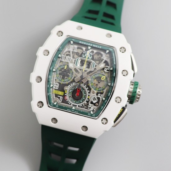 Richard Mille - RM11-03 44.5mm Auto Flyback Chrono White Ceramic Case Green Rubber Strap KVF A7750 Super Clone