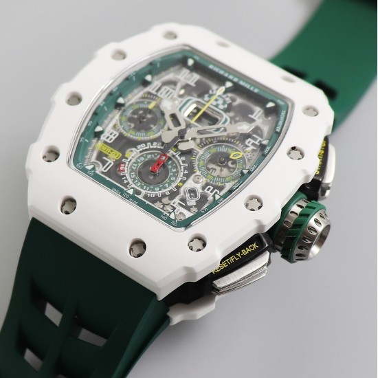 Richard Mille - RM11-03 44.5mm Auto Flyback Chrono White Ceramic Case Green Rubber Strap KVF A7750 Super Clone