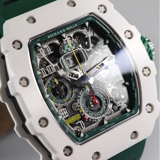 Richard Mille - RM11-03 44.5mm Auto Flyback Chrono White Ceramic Case Green Rubber Strap KVF A7750 Super Clone