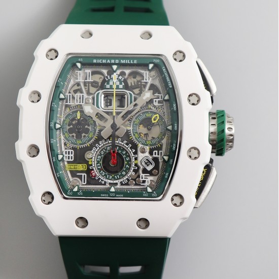 Richard Mille - RM11-03 44.5mm Auto Flyback Chrono White Ceramic Case Green Rubber Strap KVF A7750 Super Clone