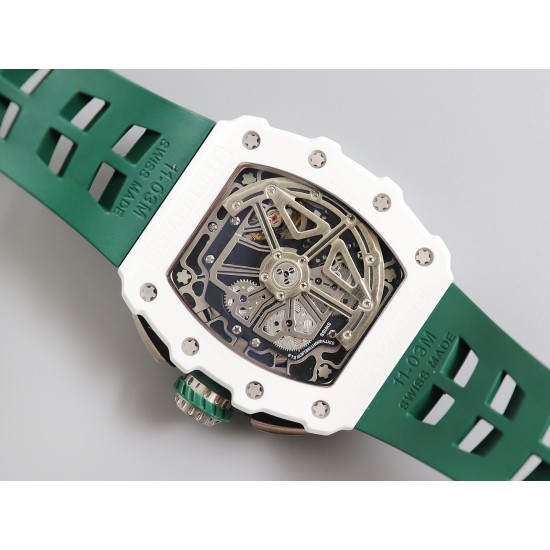 Richard Mille - RM11-03 44.5mm Auto Flyback Chrono White Ceramic Case Green Rubber Strap KVF A7750 Super Clone