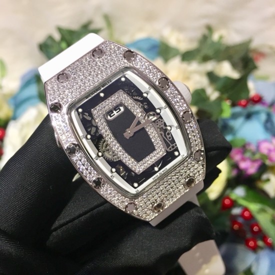 Richard Mille - RM037 34.4mm Ladies Diamonds Paved Steel Case White Rubber Strap With Skeleton Diamonds Dial Automatic Movement