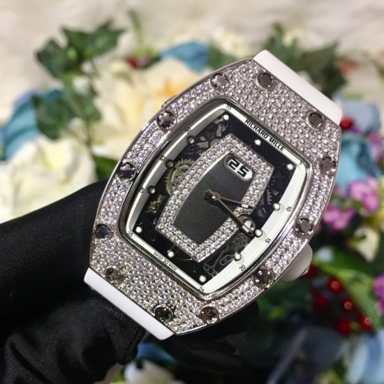 Richard Mille - RM037 34.4mm Ladies Diamonds Paved Steel Case White Rubber Strap With Skeleton Diamonds Dial Automatic Movement