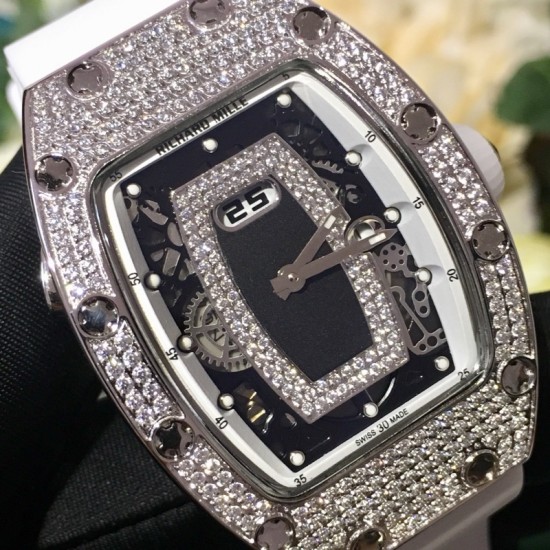 Richard Mille - RM037 34.4mm Ladies Diamonds Paved Steel Case White Rubber Strap With Skeleton Diamonds Dial Automatic Movement