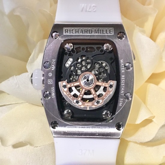 Richard Mille - RM037 34.4mm Ladies Diamonds Paved Steel Case White Rubber Strap With Skeleton Diamonds Dial Automatic Movement