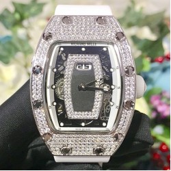 Richard Mille - RM037 34.4mm Ladies Diamonds Paved Steel Case White Rubber Strap With Skeleton Diamonds Dial Automatic Movement