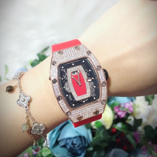 Richard Mille - RM037 34.4mm Ladies Diamonds Rose Gold Case Red Rubber Strap With Skeleton Diamonds Dial Automatic Movement