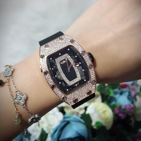 Richard Mille - RM037 34.4mm Ladies Diamonds Rose Gold Case White Rubber Strap With Skeleton Diamonds Dial Automatic Movement