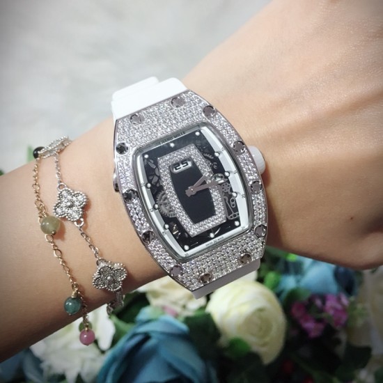 Richard Mille - RM037 34.4mm Ladies Diamonds Paved Steel Case White Rubber Strap With Skeleton Diamonds Dial Automatic Movement