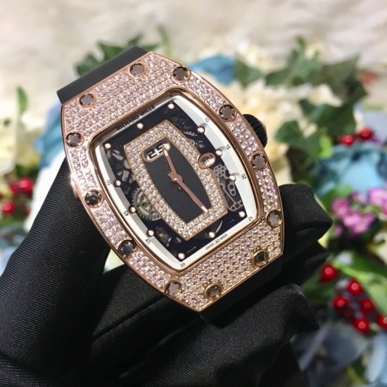 Richard Mille - RM037 34.4mm Ladies Diamonds Rose Gold Case White Rubber Strap With Skeleton Diamonds Dial Automatic Movement