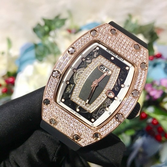 Richard Mille - RM037 34.4mm Ladies Diamonds Rose Gold Case White Rubber Strap With Skeleton Diamonds Dial Automatic Movement
