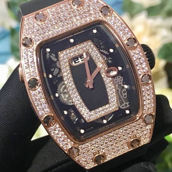Richard Mille - RM037 34.4mm Ladies Diamonds Rose Gold Case White Rubber Strap With Skeleton Diamonds Dial Automatic Movement
