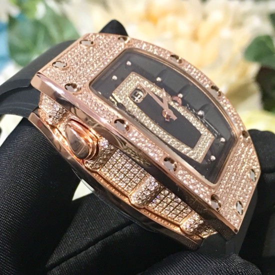 Richard Mille - RM037 34.4mm Ladies Diamonds Rose Gold Case White Rubber Strap With Skeleton Diamonds Dial Automatic Movement