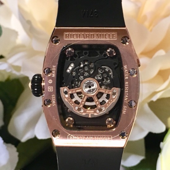 Richard Mille - RM037 34.4mm Ladies Diamonds Rose Gold Case White Rubber Strap With Skeleton Diamonds Dial Automatic Movement