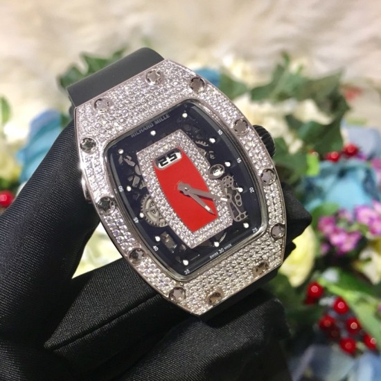 Richard Mille - RM037 34.4mm Ladies Diamonds Paved Steel Case Black Rubber Strap With Skeleton Diamonds Dial Automatic Movement