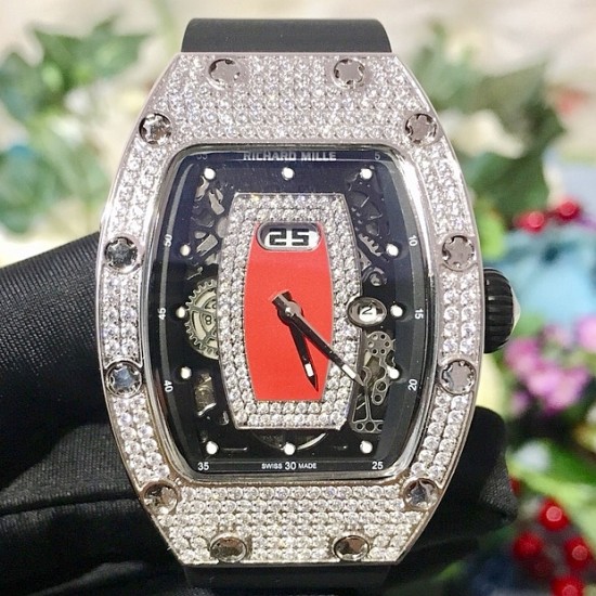 Richard Mille - RM037 34.4mm Ladies Diamonds Paved Steel Case Black Rubber Strap With Skeleton Diamonds Dial Automatic Movement