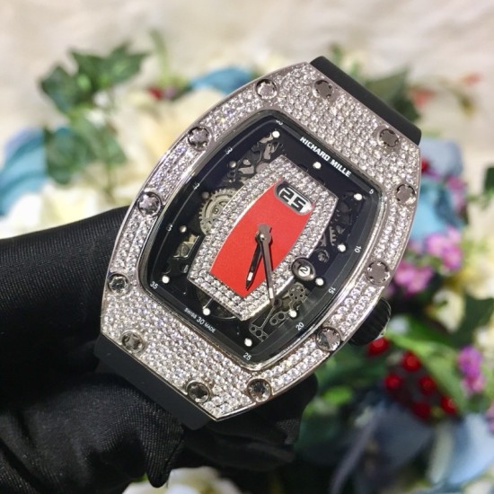 Richard Mille - RM037 34.4mm Ladies Diamonds Paved Steel Case Black Rubber Strap With Skeleton Diamonds Dial Automatic Movement