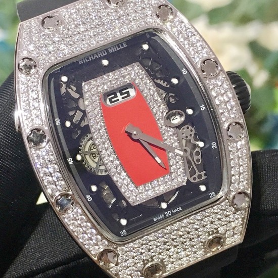 Richard Mille - RM037 34.4mm Ladies Diamonds Paved Steel Case Black Rubber Strap With Skeleton Diamonds Dial Automatic Movement